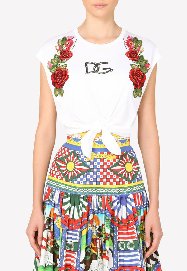 Raffia Embroidered Self-Tie Cotton Crop Top