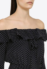 Off-Shoulder Polka Dots Silk Mini Dress