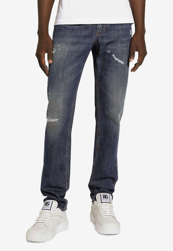 Logo Plaque Distressed Washed Jeans