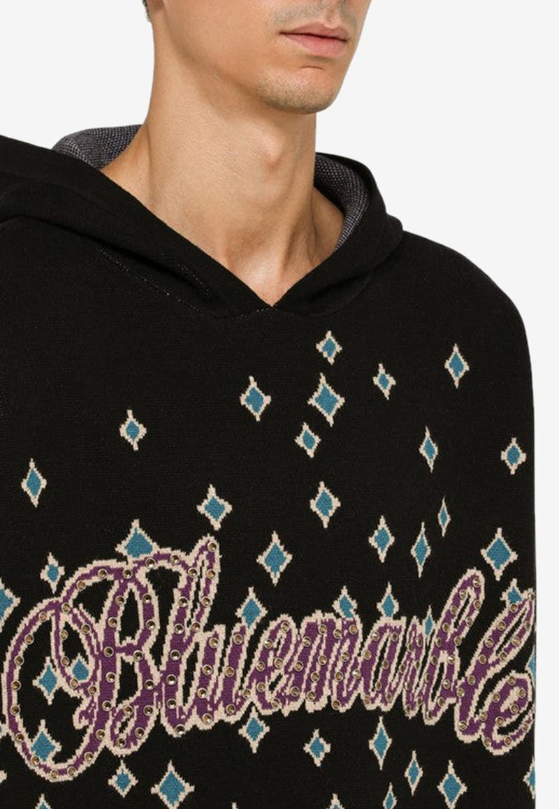 Knitted Rhinestone-Embellished Hooded Sweatshirt