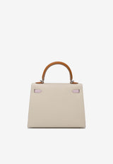 Kelly 25 Sellier in Craie, Gold and Mauve Pale Epsom Leather with Palladium Hardware