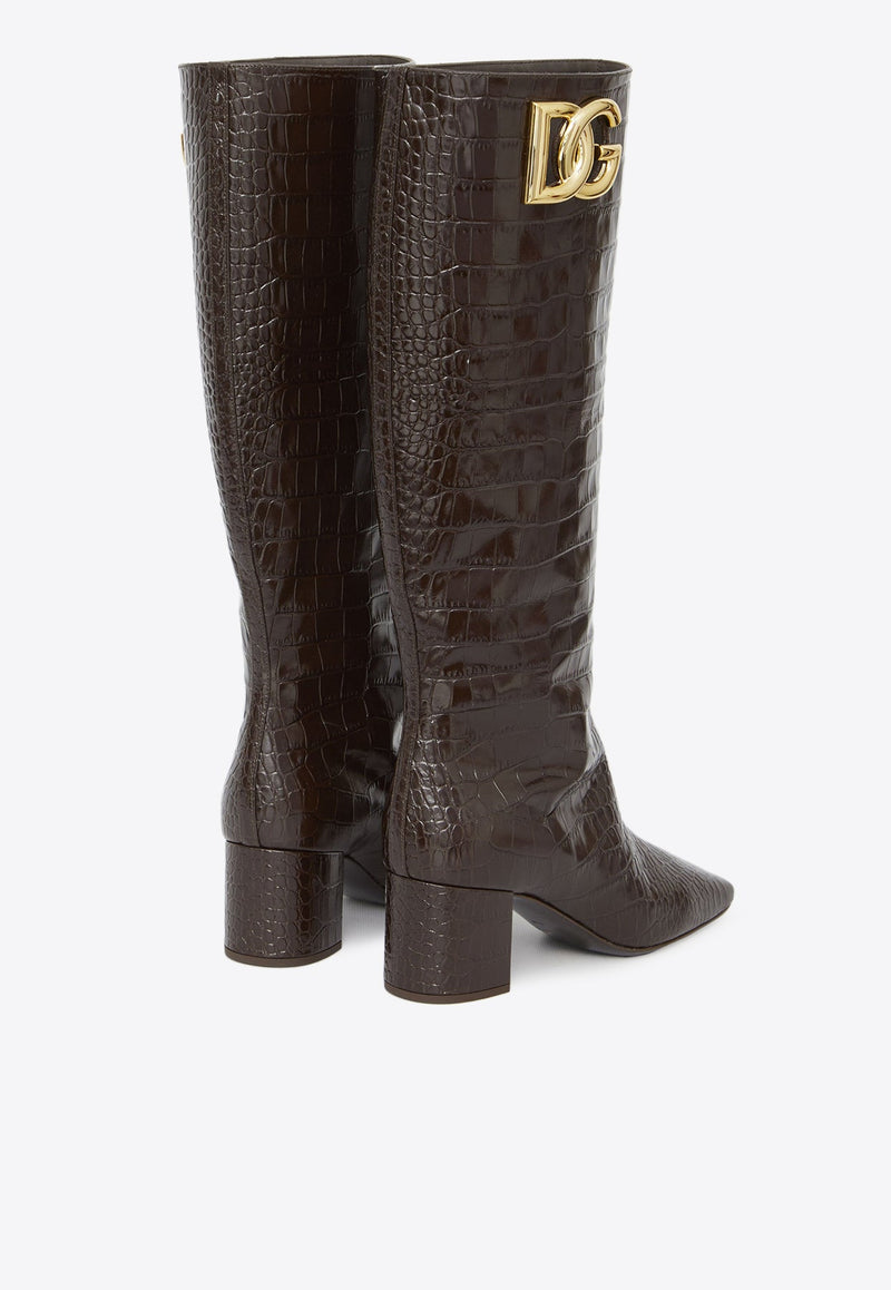 Jackie 60 Knee-High Boots in Croc-Embossed Leather