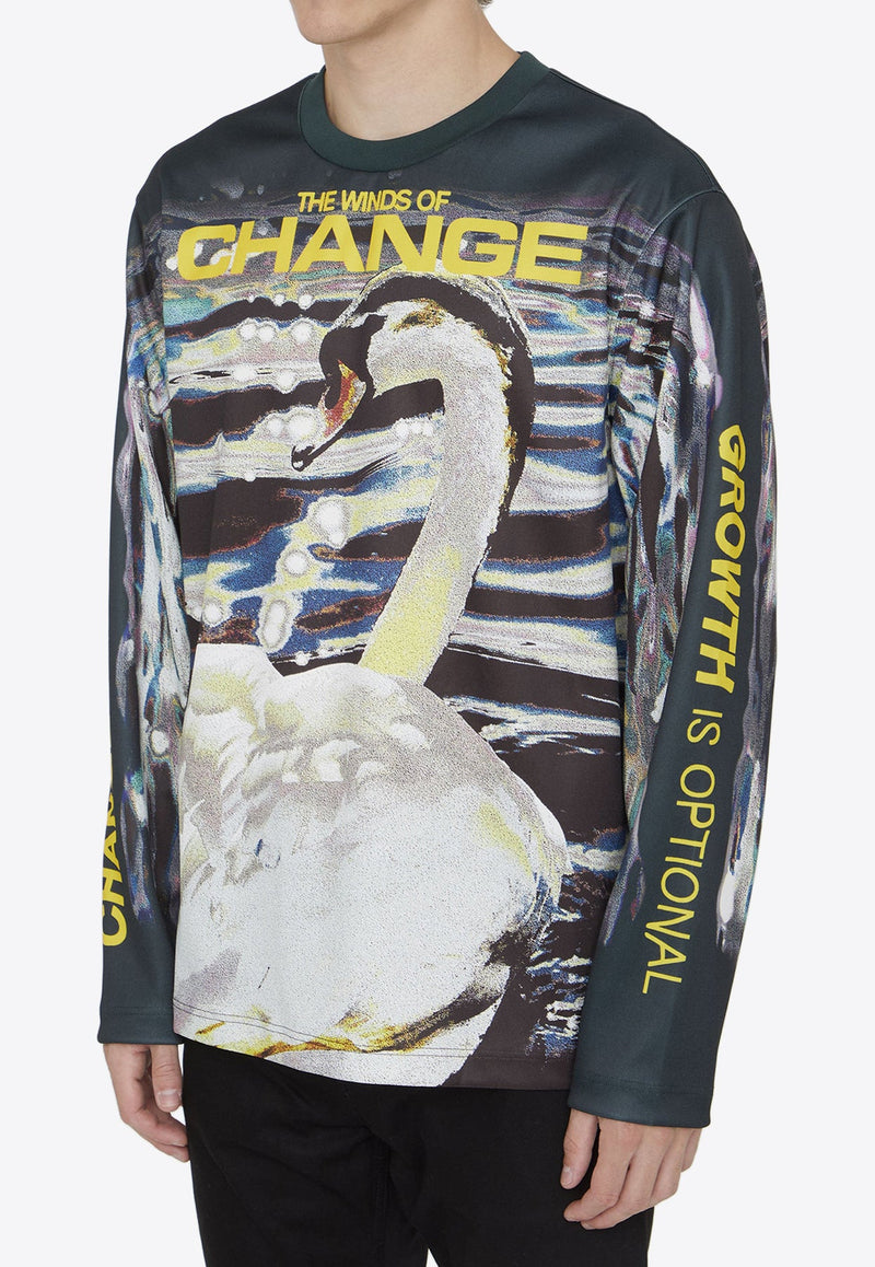 Swan Print Long-Sleeved Jersey T-shirt