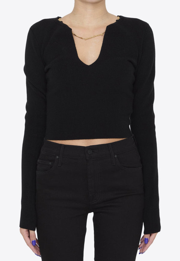 V-neck Cropped Sweater with Nameplate Chain