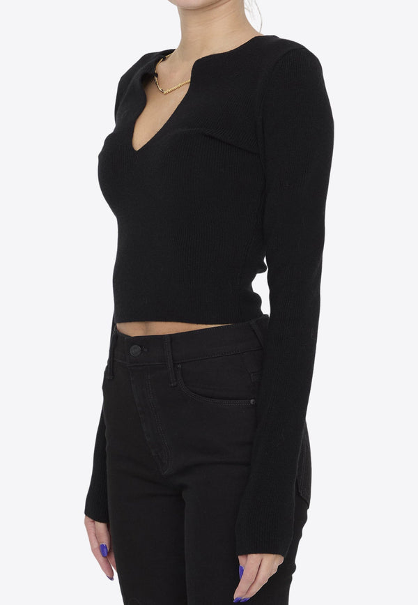 V-neck Cropped Sweater with Nameplate Chain