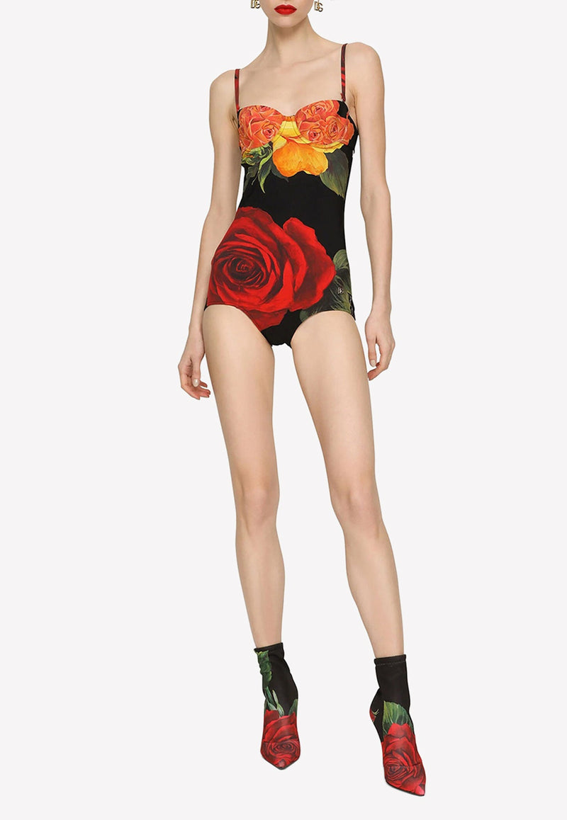 Rose Print Balconette One-Piece Swimsuit