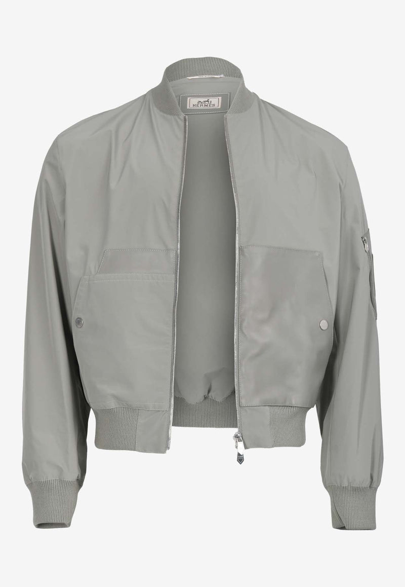 Rib-Trim Bomber Jacket with Leather Details