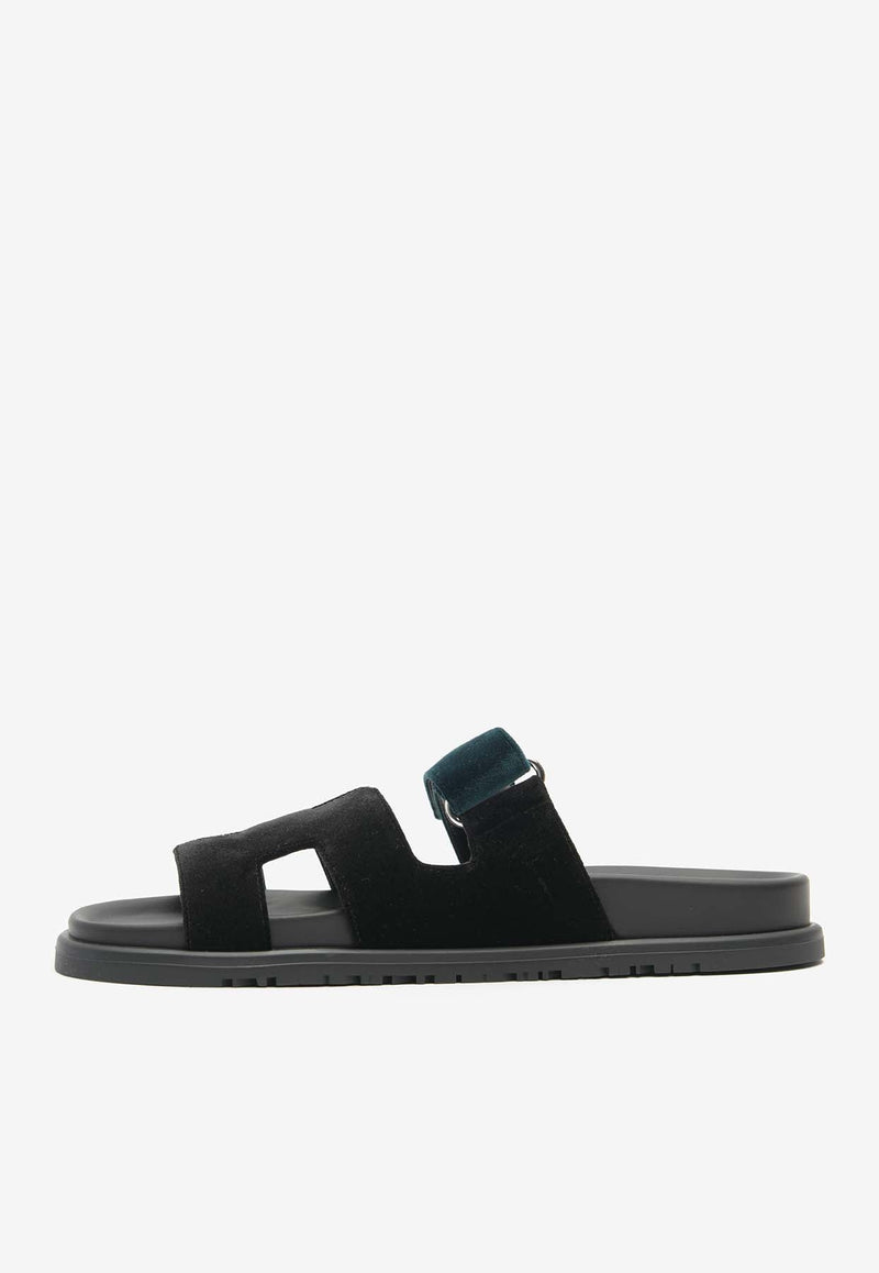 Chypre Sandals in Black and Vert Mousse Velvet