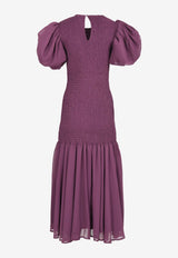 Puff-Sleeved Shirred Chiffon Midi Dress