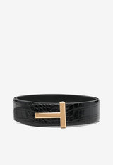 T Plaque Croc-Embossed Leather Belt