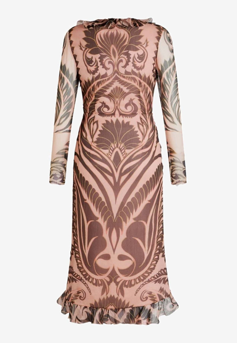 Printed Ruched Midi Dress in Silk