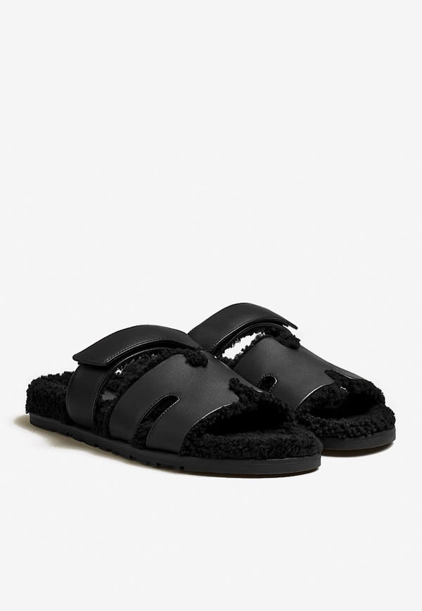 Chypre Sandals in Black Calfskin and Shearling