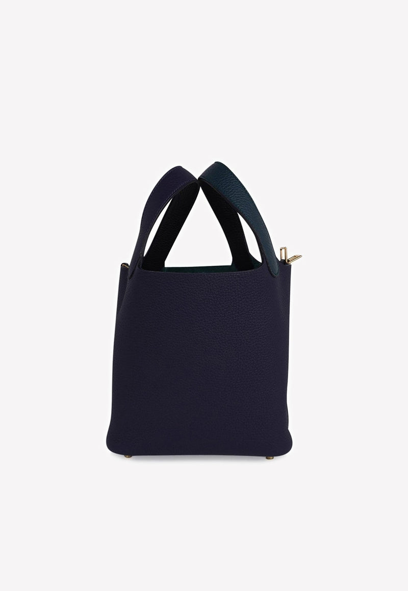 Picotin Lock 18 Tote in Vert Cypress, Blue Nuit and Black Clemence with Gold Hardware