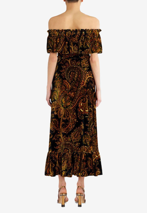 Paisley Off-Shoulder Velvet Maxi Dress