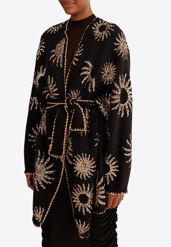 Sequin-Embroidered Belted Knit Sun Cardigan