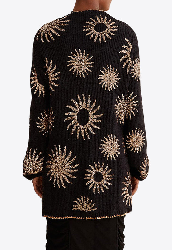 Sequin-Embroidered Belted Knit Sun Cardigan