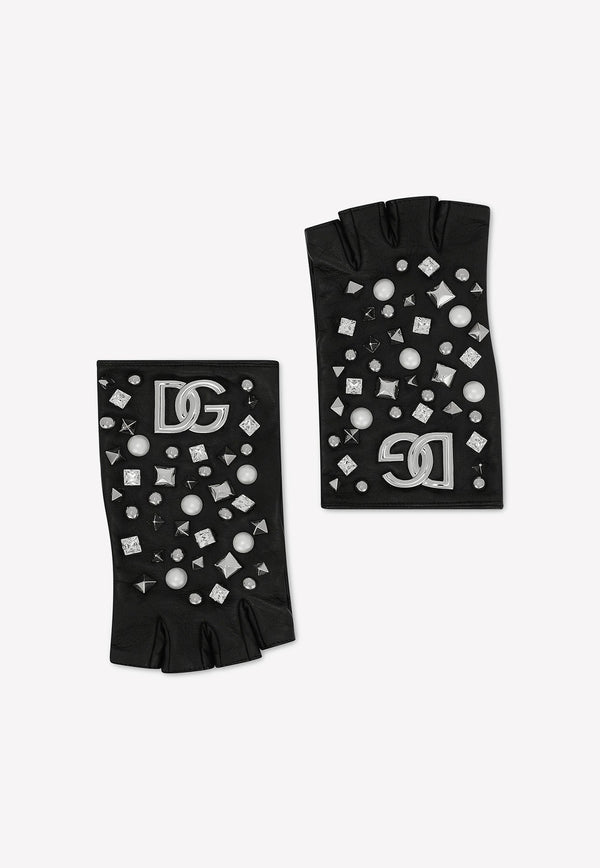 DG Logo Embellished Leather Gloves