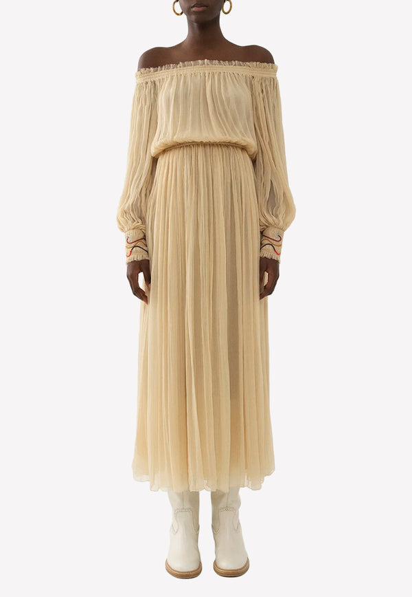Off-Shoulder Gathered Silk Crepe Midi Dress
