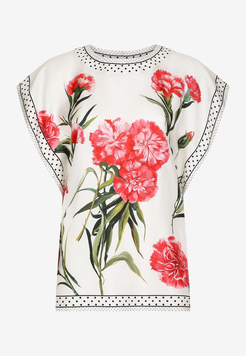 Carnation-Print Silk Blouse