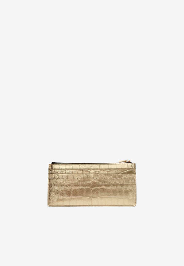 Zipped Cardholder in Metallic Croc Embossed Leather