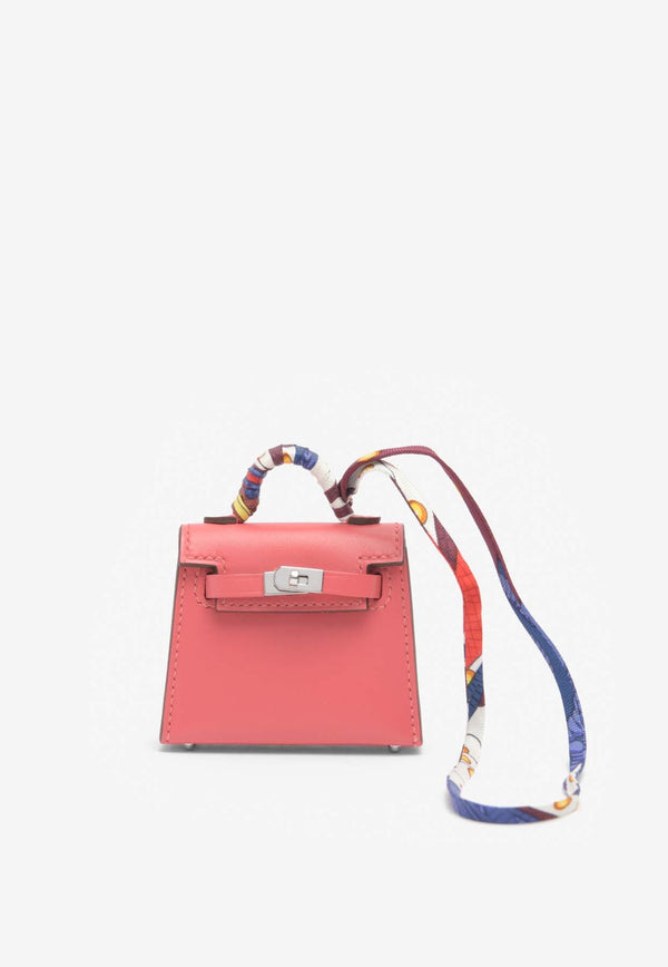 Kelly Twilly Bag Charm in Rose Lipstick Tadelakt with Printed Silk Strap