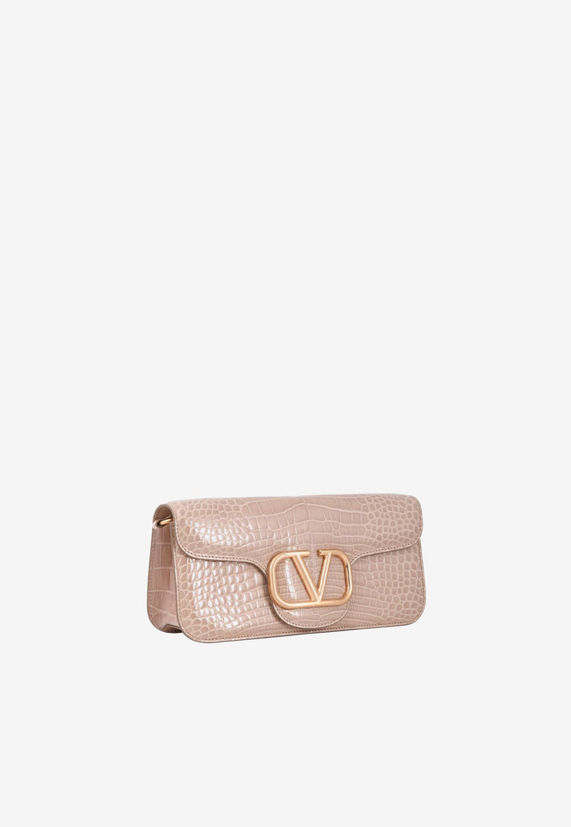 LOCÒ Crocodile Leather Shoulder Bag with VLogo Plaque