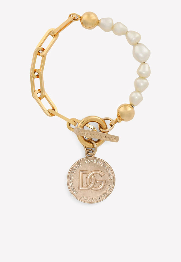 DG Logo Coin Pearl and Chain Bracelet