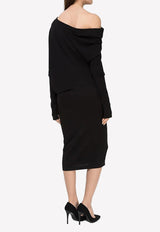 Draped Shoulder Cashmere and Silk Midi Dress